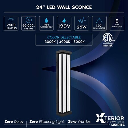 Luxrite Outdoor LED Wall Sconce 24in Outdoor Wall Light Black Aluminum 3CCT 3000K-5000K 26W ETL IP65, 2PK LR40318-2PK